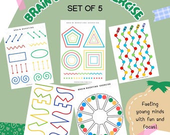 May include: Set of five printable brain boosting exercises for kids. The worksheets feature colorful lines, shapes, and patterns to help develop fine motor skills and focus. The text on the image reads "Brain Boosting Exercise Set of 5" and "Fueling young minds with fun and focus!"