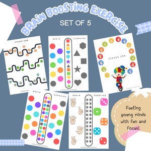 May include: A set of five educational activity sheets with the text "Brain Boosting Exercise" and "Set of 5." The sheets feature colorful shapes, finger exercises, and a clown illustration. The text "Fueling young minds with fun and focus!" is also present.