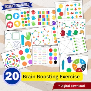 Può includere: Una raccolta di 20 schede di esercizi per la stimolazione cerebrale con grafiche colorate, forme, impronte di mani, frecce e testo. Le pagine includono attività etichettate come Finger Gym, Brain Gym e Bilateral Coordination con vari schemi.