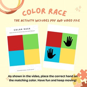 May include: A printable activity sheet for kids called "Color Race". The sheet has four squares, each a different color: red, green, blue, and yellow. There are two black hand silhouettes on the sheet, one on a blue square and one on a green square. The text "Ready, set, touch! Let's see how fast you can match the colors!" is at the top of the sheet.