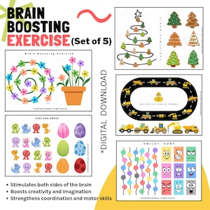 Può includere: Un set di cinque esercizi digitali per stimolare il cervello. Gli esercizi includono un labirinto di fiori, un vaso di fiori, uova di dinosauro, un albero di Natale e un cantiere. Il gioco Smiley Hunt presenta punti colorati e faccine.