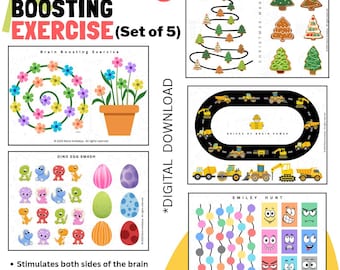 May include: A set of five digital download brain-boosting exercises. The exercises include a flower maze, a flower pot, dinosaur eggs, a Christmas tree, and a construction site. The Smiley Hunt game features colorful dots and smiley faces.