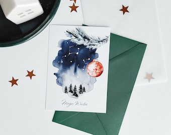 Watercolor winter card, Merry Christmas card, happy holidays card.