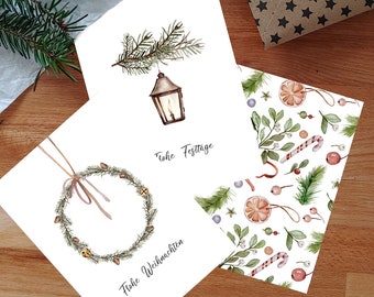 Set of 3 watercolor Christmas cards, holiday card set, minimalist Christmas card, Boho Christmas set