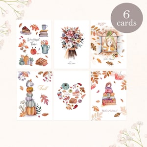 6 cartões de outono, conjunto de cartões de outono em aquarela, cartões de outono, outono aconchegante