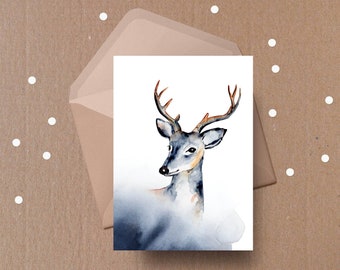 Carte de Noël aquarelle, carte de cerf d’hiver, carte postale de vacances, carte aquarelle