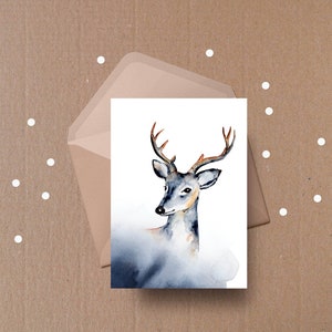 Carte de Noël aquarelle, carte de cerf d'hiver, carte postale de vacances, carte aquarelle
