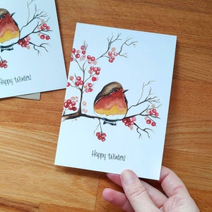 Cartão Robin, Cartão de Natal em aquarela, Natal, Cartão de Natal Robin, Cartão de inverno com pássaro