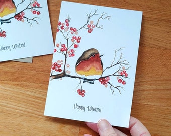 Carte Robin, Carte de Noël aquarelle, Noël, Carte de Noël Robin, Carte d'hiver oiseau