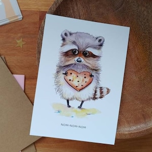 Aquarel wasbeerkaart. Dierenkaart, Valentijnskaart