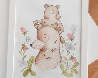 Décoration murale pour chambre d'enfant avec une jolie maman et des bébés oursons. Affiche dans la chambre de bébé. Animaux de pépinière Art.