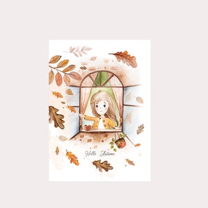 Postal linda acuarela con una chica, postal de la temporada de otoño.