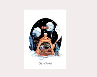 Cute winter card.  Merry Christmas postcard. Watercolor card А6 with a mouse . Holiday greeting