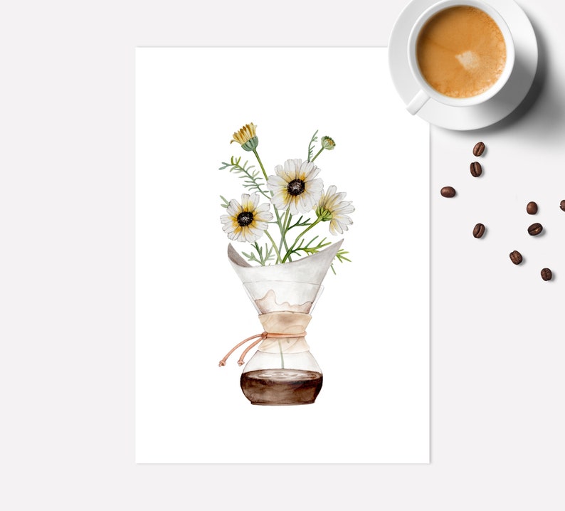 Watercolor Poster, Coffee and Flowers, Coffee Wall Art, Coffee Gift, Coffee Stains, Watercolor Coffee, Kitchen Art Print, image 4