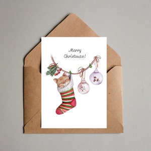 Carte postale de Noël. Carte avec un joli chat endormi. Carte d'hiver aquarelle. Carte de Noël faite main image 2