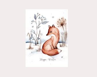 Cozy Christmas card with a snowy fox, Christmas card fox, winter holiday card