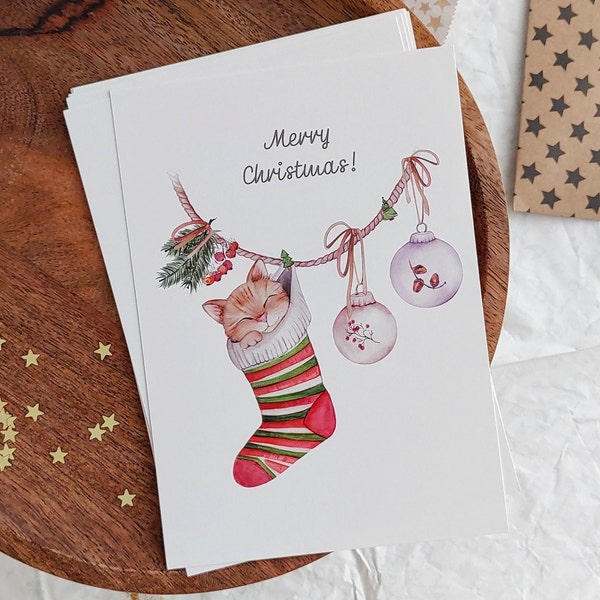 Christmas postcard.  Card  with a cute sleeping cat. Watercolor winter card.  Handmade Christmas card