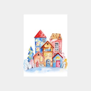 Biglietto di auguri natalizio con case colorate. Biglietto di auguri di Natale invernale.