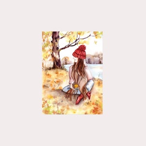 Postal acuarela de otoño con una chica, postal de la temporada de otoño.