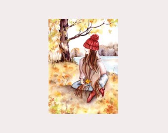 Watercolorautumn postcard with a girl, Fall season postcard.