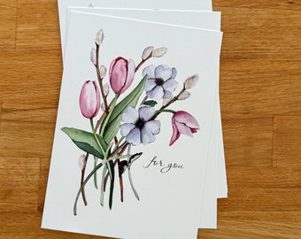 Watercolor card with  a bouquet. Birthday card. Mothers Day card.