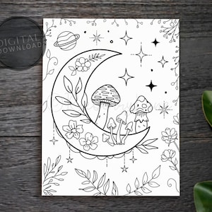 Moon Coloring Page PRINTABLE Magic Mushrooms Coloring Page Digital Coloring Stars Flowers Celestial Coloring Nature Coloring Adult Coloring