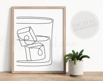 Whiskey Line Art Print Bar Art Print Continuous Line Art Drawing Single Line Drawing Kitchen Print Minimalist Art Modern Art PRINTABLE Art