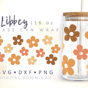 Retro Flowers Can Glass Wrap Brown Boho Daisies SVG Hippie Groovy Coffee Cup Template 16oz Libbey Can Wrap Cut File for Cricut Silhouette