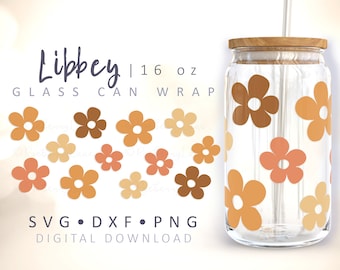 Retro Flowers Can Glass Wrap Brown Boho Daisies SVG Hippie Groovy Coffee Cup Template 16oz Libbey Can Wrap Cut File for Cricut Silhouette