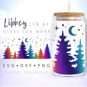 May include: A digital download for a 16 oz glass can wrap featuring a forest silhouette with a crescent moon and stars. The design is in a rainbow gradient with a glittery texture. The text "Libbey | 16 oz GLASS CAN WRAP SVG • DXF • PNG DIGITAL DOWNLOAD" is at the bottom of the image.