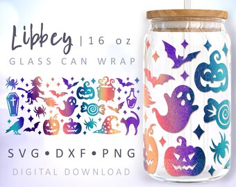 Halloween Can Glass SVG Ghost SVG Witch Can Glass 16 oz Libbey Can Glass Wrap Cut File for Cricut Pumpkins Bats Jack-o-lanterns Spiders Cat