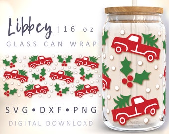 May include: A digital download for a 16 oz glass can wrap featuring a red truck with a Christmas tree, holly, and white dots on a cream background. The text "Libbey | 16 oz GLASS CAN WRAP SVG • DXF • PNG DIGITAL DOWNLOAD" is at the bottom of the image.