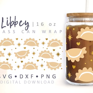 May include: A digital download design for a 16 oz. glass can wrap featuring a pattern of gold stars, hearts, and white pierogi on a brown background. The text "Libbey | 16 oz Glass Can Wrap" is at the top of the design. The text "SVG • DXF • PNG DIGITAL DOWNLOAD" is at the bottom of the design.