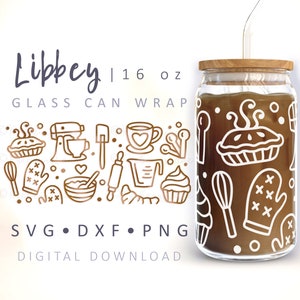 Lata de cozimento envoltório de vidro svg padaria vidro pode assar svg batedor espátula torta de maçã forno luvas cupcake xícara de café cozinha queda envoltório 16oz libbey