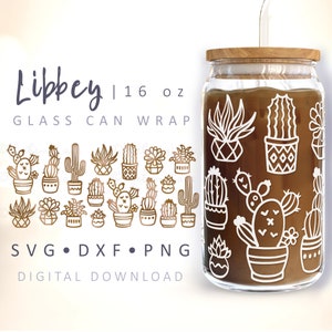 Emballage de verre de canette de cactus SVG Boîte de conserve de verre bohème Cactus SVG Tasse à café succulente Plantes en pot Canette de bière Cactus Cowboy Western 16 oz Libbey Glass Wrap