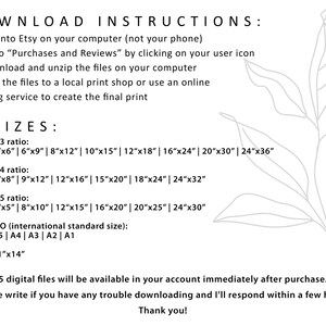 May include: Download instructions for digital printable art prints.  The image shows a list of sizes available in inches, including 2:3, 3:4, and 4:5 ratios, as well as international standard sizes like A5, A4, A3, A2, and A1.  The text also mentions that 5 digital files will be available in your account immediately after purchase.