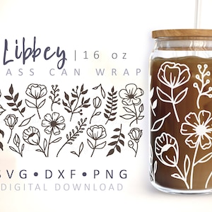 Fleurs peut envelopper en verre SVG Floral Wrap tasse à café botanique moderne feuilles fleurs sauvages 16 oz Libbey peut emballer modèle fichier Cricut Silhouette