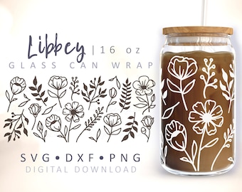 Fiori in vetro SVG, involucro floreale, moderno, botanico, tazza da caffè, foglie, fiori selvatici, 16 once, modello per involucro di lattine Libbey, file Cricut, silhouette