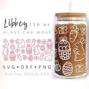 Osterdose Glasverpackung SVG Osterhase Kaninchen SVG Korb Daisy Bees Schmetterling Karotte Osterei Glasverpackung 16 Unzen Libbey Wrap Frühlingsschnittdatei