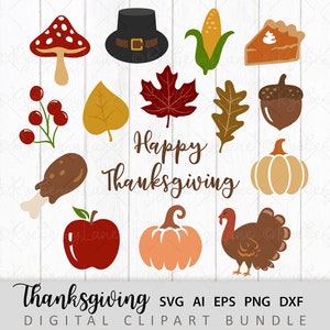 Clipart de Ação de Graças Pacote Colheita SVG Pacote Outono Outono SVG Folha de Bordo Abóbora Peru Torta de Bolota de Maçã Cogumelo Bagas Chapéu de Peregrino Milho PNG