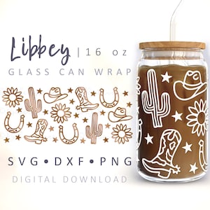 Cowboy pode vidro wrap SVG Boho lata de vidro Cowgirl SVG chapéu de bota de cowboy girassol ferradura cacto lata de cerveja ocidental 16oz libbey copo selvagem oeste