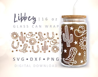 Cowboy Can Glass Wrap SVG Boho Glass Can Cowgirl SVG Cowboy Boot Hat Sunflower Horseshoe Cactus Beer Can Western 16oz Libbey Cup Wild West