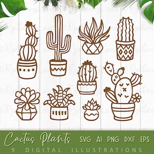 Cactus SVGs Clipart western cactus dessins pays Cowboy dessin au trait dessinés à la main plantes en pot PNGs usage commercial plantes succulentes illustrations SVG