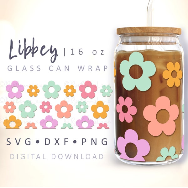 Fleurs rétro peuvent verre envelopper coloré Boho marguerites SVG Hippie Groovy printemps Svg 16oz Pâques Libbey peut envelopper fichier coupé pour Cricut Silhouette