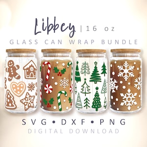 Boîte de Noël en verre, biscuits de pain d'épice, flocons de neige, arbres, cannes de bonbon, Noël SVG, 16 oz Libbey peut envelopper une tasse à café, fichier de coupe Cricut