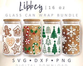 Könnte beinhalten: Vier 473 ml Glasbehälter mit Holzdeckeln und Weihnachtsmotiven. Die Designs beinhalten Lebkuchen, Zuckerstangen, Stechpalme, Schneeflocken und Weihnachtsbäume. Der Text "Libbey" und "SVG.DXF.PNG DIGITAL DOWNLOAD" ist ebenfalls sichtbar.