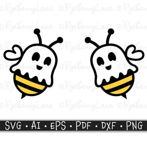 May include: Two black and white cartoon ghost bees with yellow and black striped bodies and hearts on their wings.