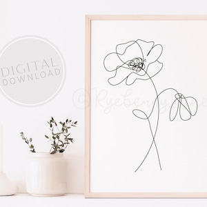 Amapola pared arte amapola dibujo flor dibujo línea arte amapola impresión continua de una sola línea dibujo minimalista arte moderno dormitorio arte IMPRIMIBLE
