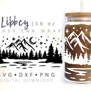 Emballage de verre montagnes canette SVG lune canette de verre Nature camping nuit ciel étoiles forêt camionnette vie lac arbres canette de verre verre 16 oz Libbey Wrap SVG Cricut
