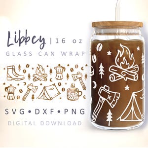 Envoltura de vidrio para acampar SVG Envoltura de vidrio para exteriores Hacha Carpa Bosque Taza de café Naturaleza Lata de cerveza Otoño Verano Otoño 16oz Envoltura de vidrio Libbey
